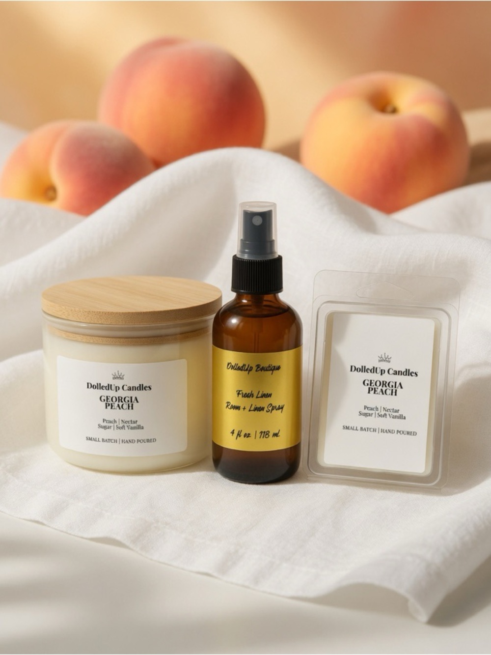 Peach Linen Orchard Sanctuary Set | Peach Candle/Melt + Fresh Linen Spray